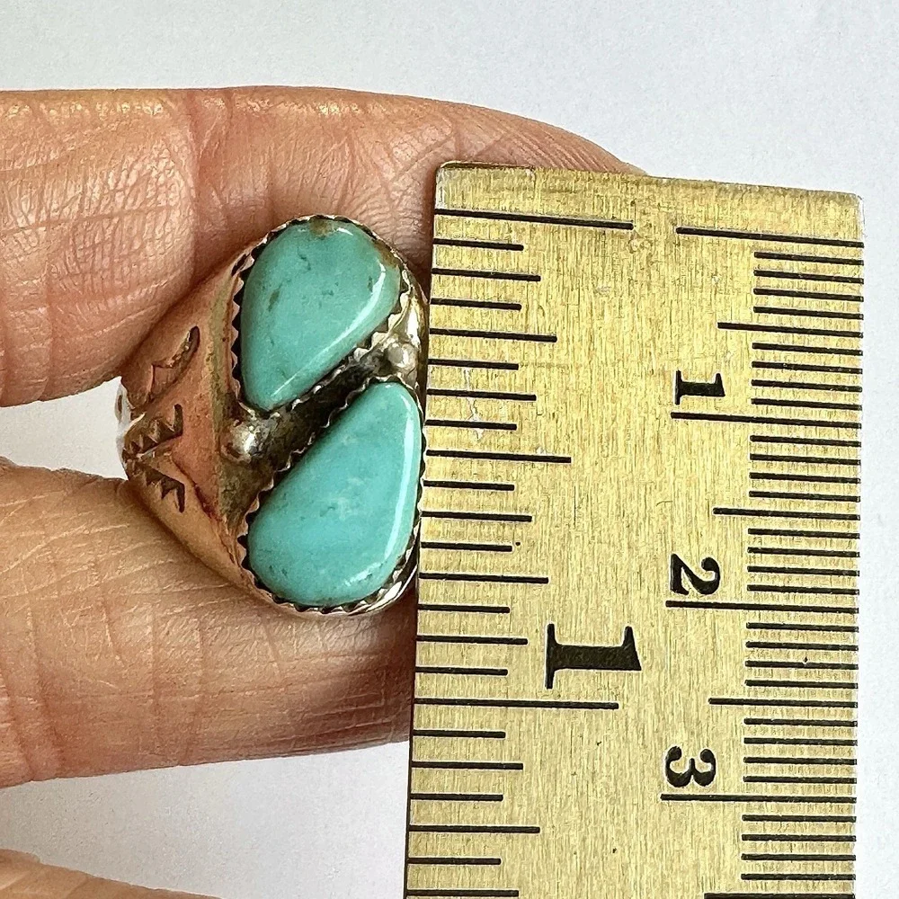 Mens Turquoise Navajo Band Sz 9 Two Stone Ring 21mm Signed ML Handmade Native
